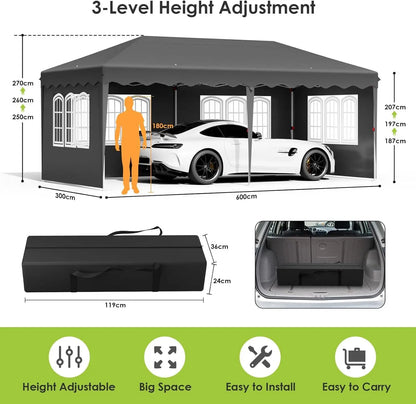 Paviljoen - Tuinpaviljoen - Partytent - Tuintent - Pop-up Kliksysteem - Stabiel - Vouwtent - Opvouwbaar - met 6 Zijpanelen - Waterdicht - Winterbestendig - 50+UV-Bescherming - voor Tuin - Buiten - Achtertuin - Oxford fabric - 3 x 6 m - Donkergrijs - QUORE