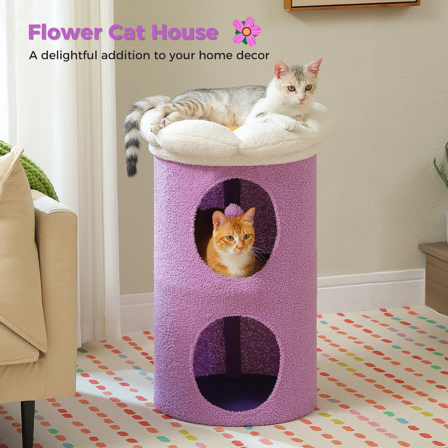 Kattenhuis - met 2 Verdiepingen - Binnen – Houten bed - met Afneembaar Bloemenkussen - Ruime Kattengrot - Hangspeeltje - Krabpaal - 73cm Hoog - Roze