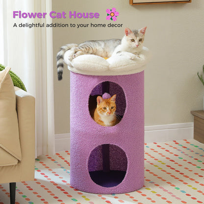Kattenhuis - met 2 Verdiepingen - Binnen – Houten bed - met Afneembaar Bloemenkussen - Ruime Kattengrot - Hangspeeltje - Krabpaal - 73cm Hoog - Roze