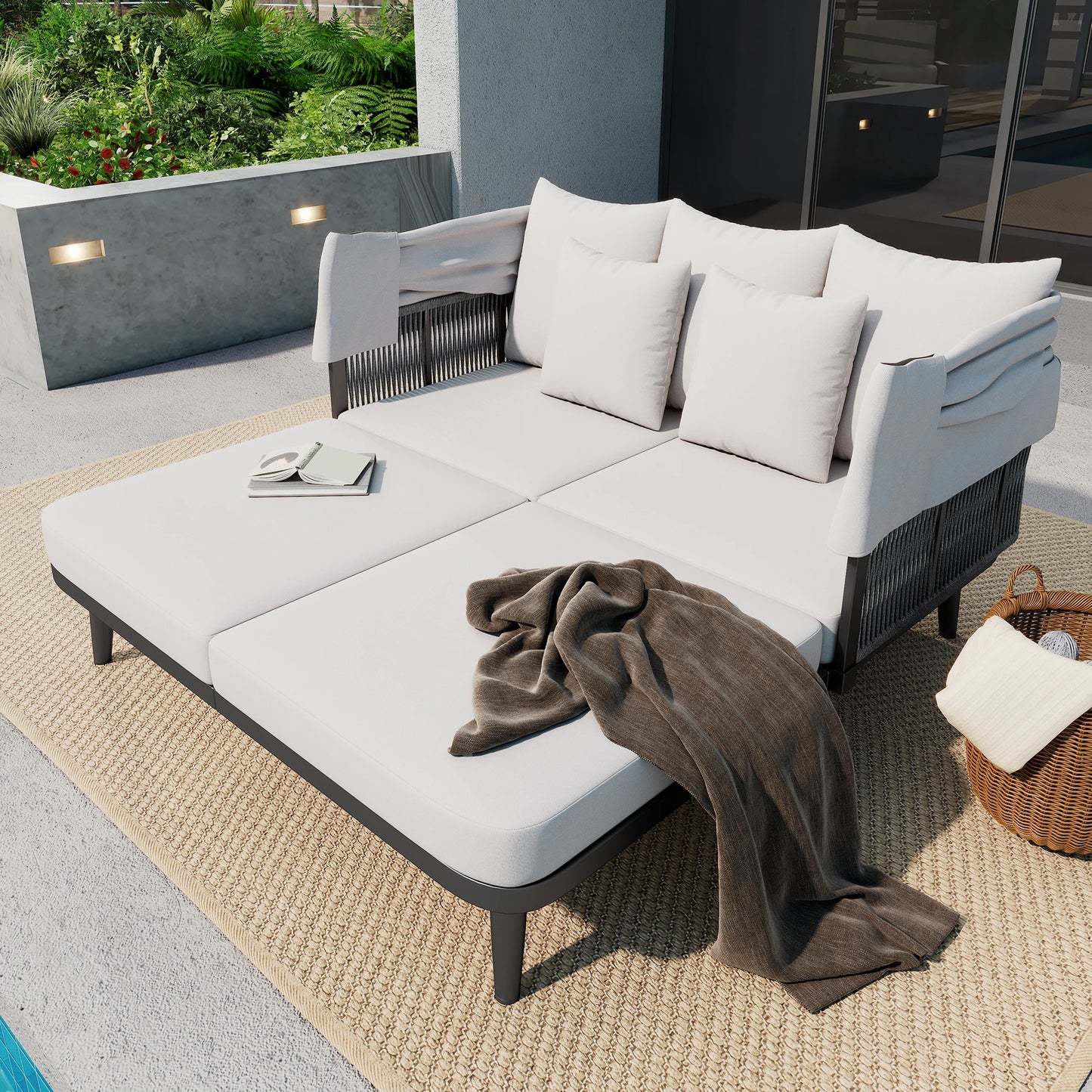 2-Persoons Lounge Chair – Tweezits Loungestoel – Buitenstoel – Tuinstoel – Verstelbaar Zonnescherm – Weerbestendig Handgeweven Materiaal – Dikke Zachte Kussens
