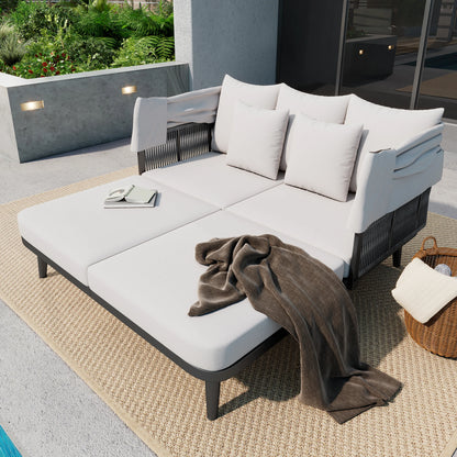 2-Persoons Lounge Chair – Tweezits Loungestoel – Buitenstoel – Tuinstoel – Verstelbaar Zonnescherm – Weerbestendig Handgeweven Materiaal – Dikke Zachte Kussens
