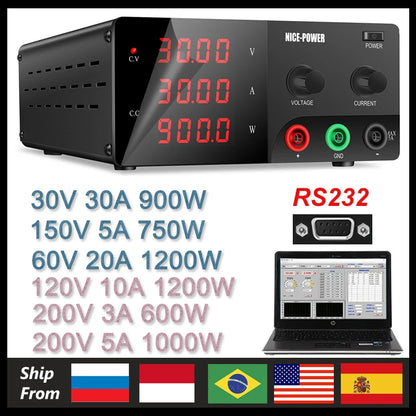 Labvoeding - DC Bench Voeding - Regelbare Voeding - Voeding - Lab Bench Voeding - Functiegenerator - 30V - 30A - 900W Zwart - Zwart