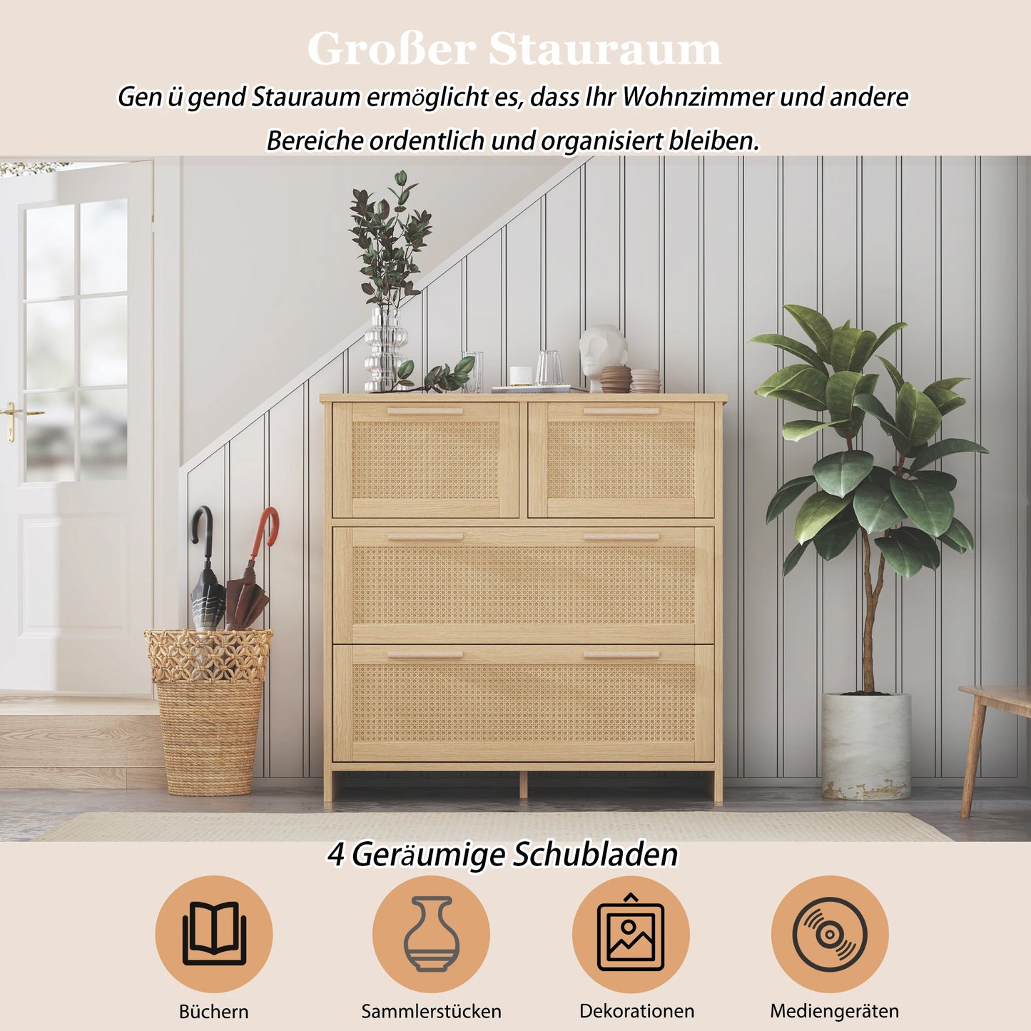 Kast – Opbergkast – Rieten Kast – Meubel – Ladenkast – MDF En Massief Hout – 4 Diepe Lades - 80 x 80 x 38 cm - Houtkleur