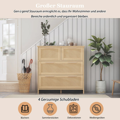 Kast – Opbergkast – Rieten Kast – Meubel – Ladenkast – MDF En Massief Hout – 4 Diepe Lades - 80 x 80 x 38 cm - Houtkleur