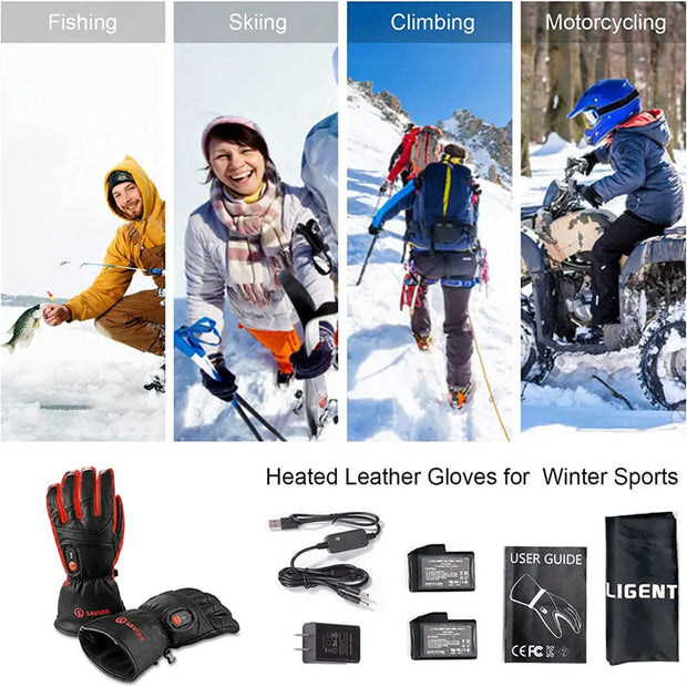 Heated Gloves - Electric Gloves - Rechargeable Heated Gloves - Waterproof Gloves - Leather Sheepskin - for Motorcycle, Hiking Gloves, Outdoor Sports, Winter - XXL