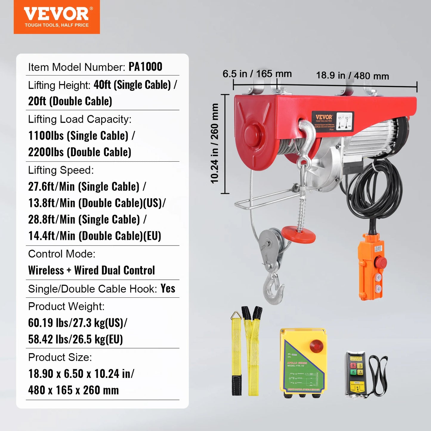 SucceBuy 2200 lbs Electric Hoist Single/Double Slings Lift Crane Hoist with Wireless/Wired Control Electric Winch for Garage