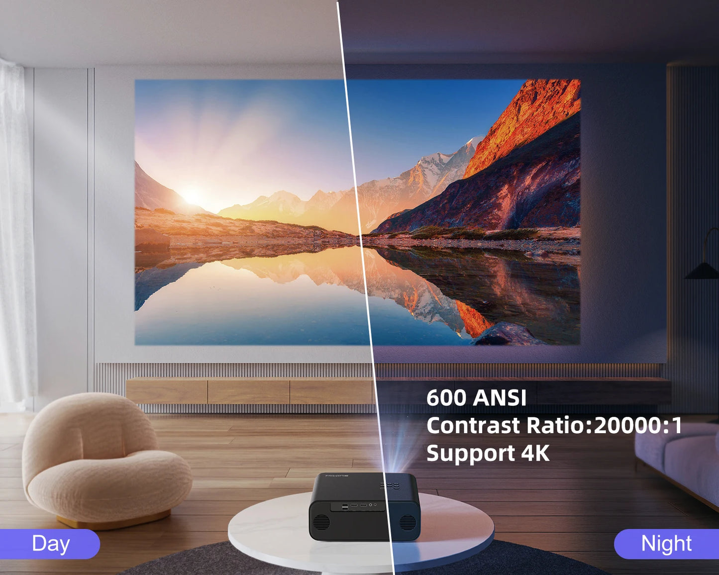 Beamer - Projector - Mini Projector - 4K - FHD 1080P - 26000 Lumen -  Auto Focus & Keystone - WIFI 6 & Bluetooth – Draagbare - Home Theater Beamer – EU Plug - Zwart