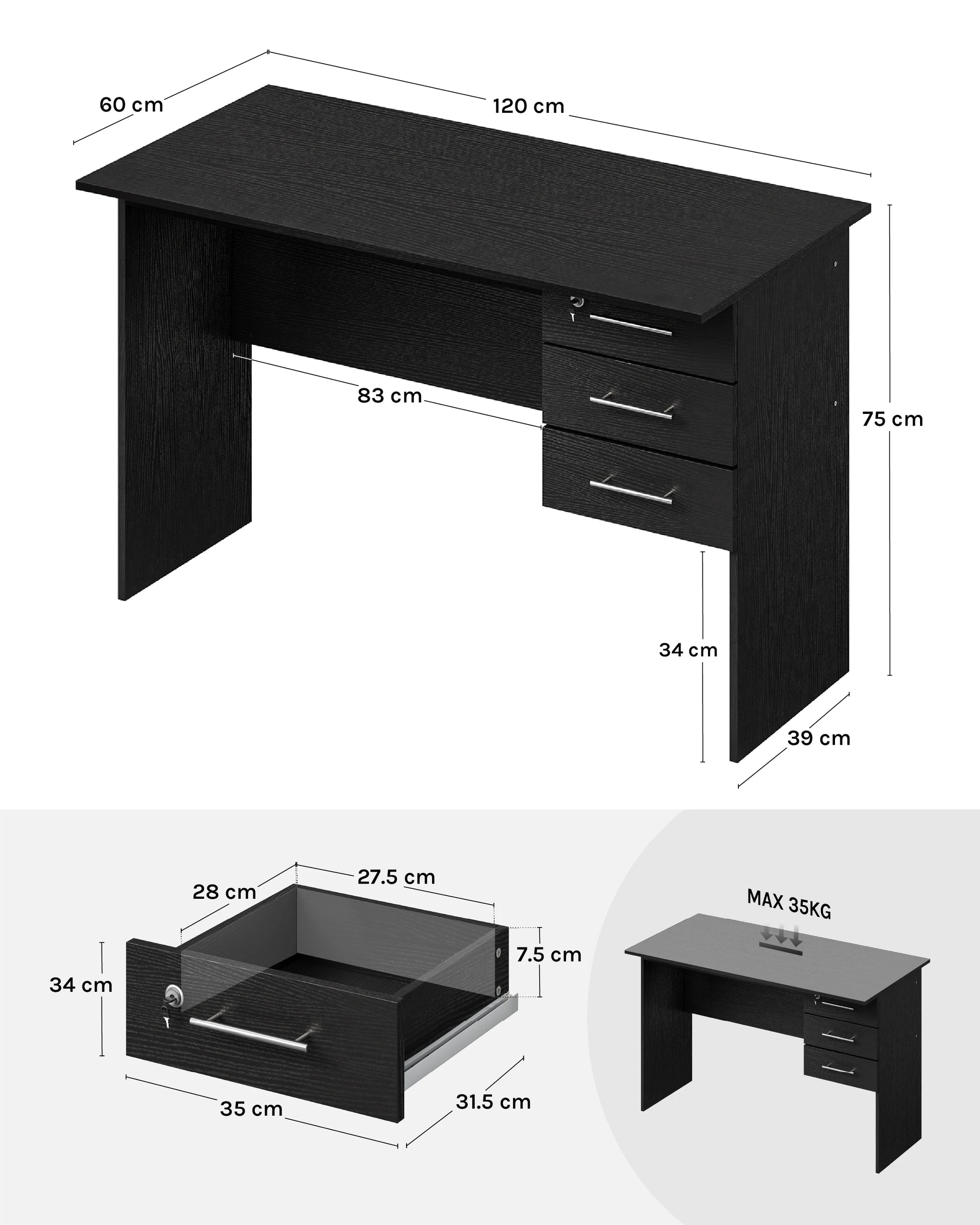 Computerbureau - Computertafel - Gaming Bureau - Gaming Tafel -  Laptoptafel - Krasbestendig Tafelblad - 120x60x75cm -  Lichtgewicht - Zwart - QUORE