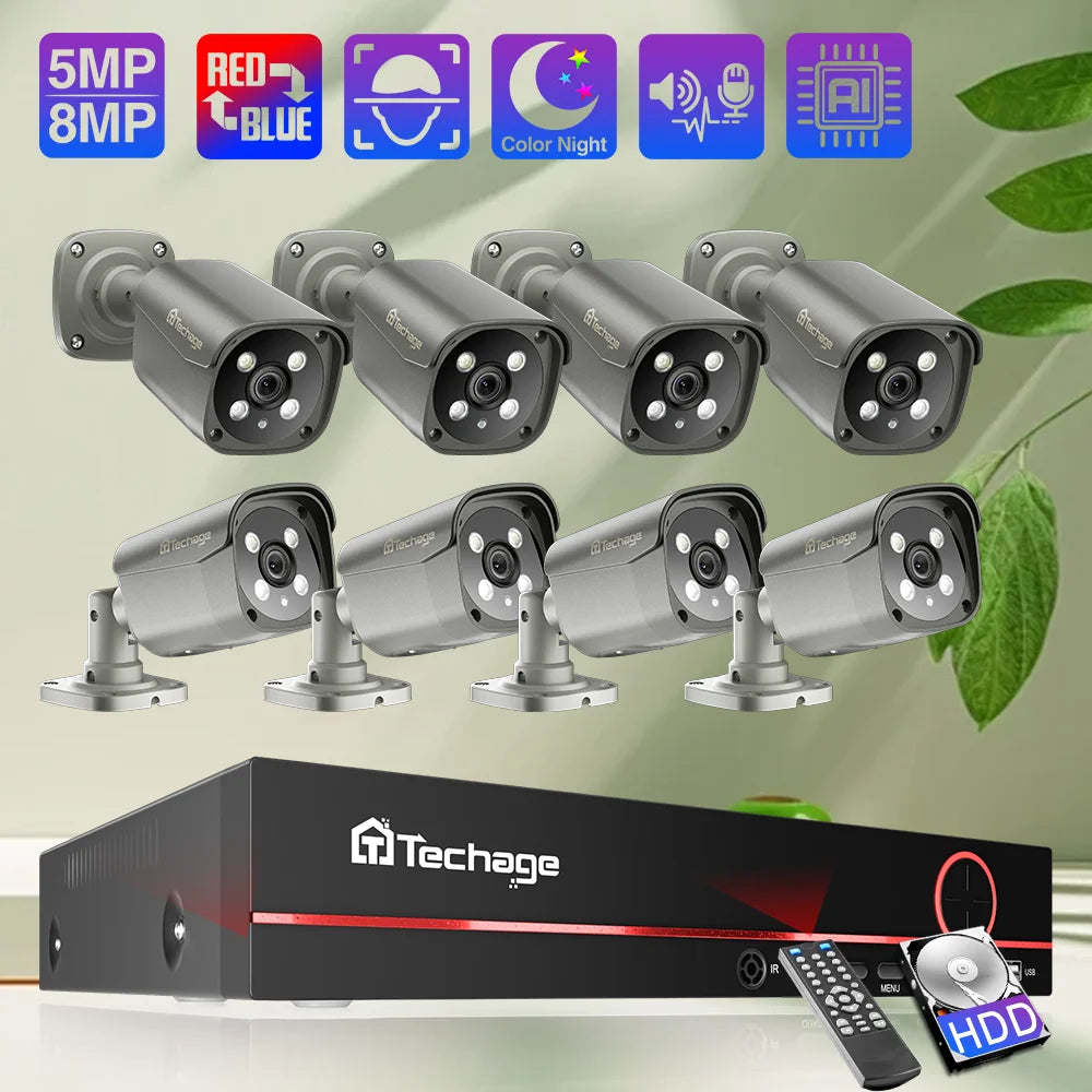 Techage 8CH 5MP 8MP POE Security Surveillance System 4K HD POE IP Kit Two Way Audio Face Detect Metal Bullet H.265 Outdoor Video