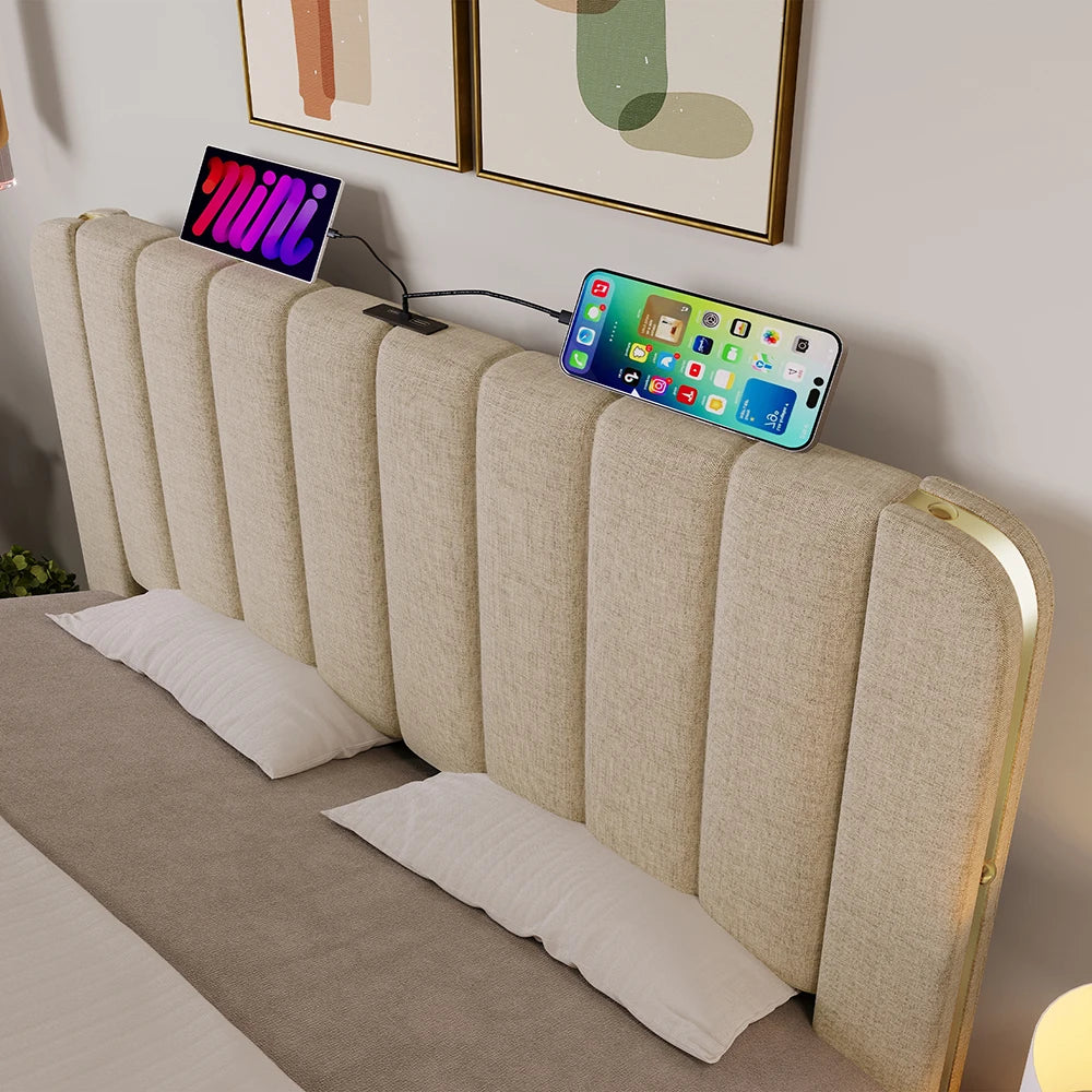 Tweepersoonsbed – Bed – Slaapbed – Boxspring – Bedframe – Beige Linnen – 180x200 cm – Geïntegreerde USB en Type-C Oplaadpunten – 4 Ruime Opberglades