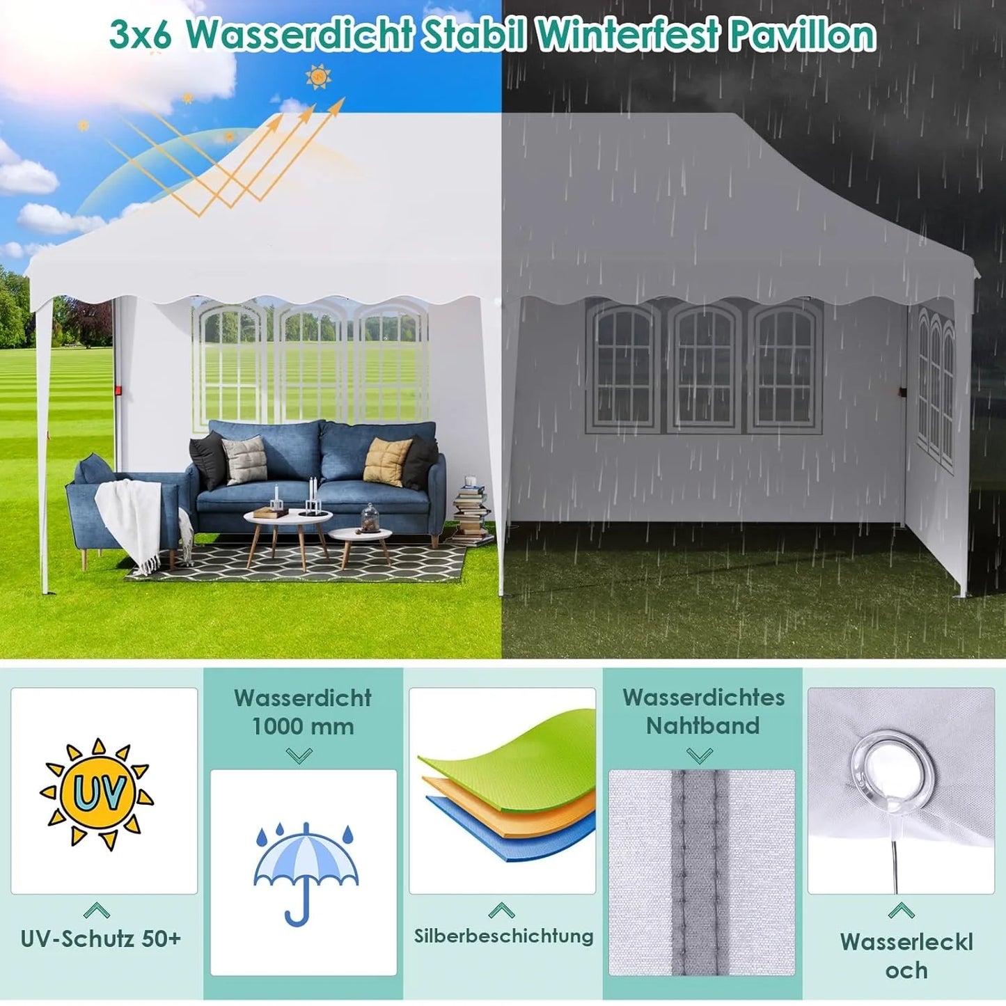 Tuinpaviljoen – Partytent – Pop-Up Tent – Inklapbare Tent – 3X6 Meter – Waterdicht 210D Oxford – UV-Bescherming Factor 50+ - Donkergrijs - QUORE
