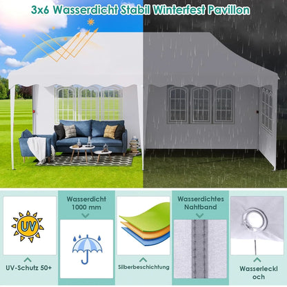 Tuinpaviljoen – Partytent – Pop-Up Tent – Inklapbare Tent – 3X6 Meter – Waterdicht 210D Oxford – UV-Bescherming Factor 50+ - Zwart - QUORE