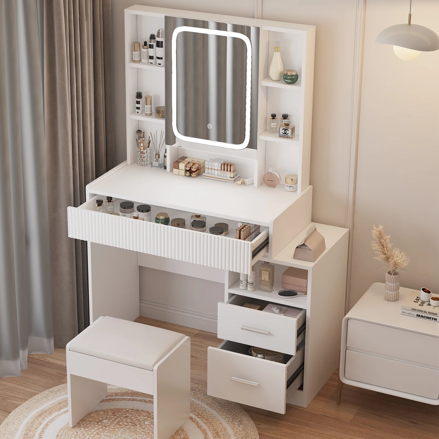 Kaptafel – Make-up Tafel – Dressoir – Make-up Meubel – Schminktafel – Wit – Met LED-Spiegel – 3 Laden & 8 Open Vakken – 96,5x40x141 cm