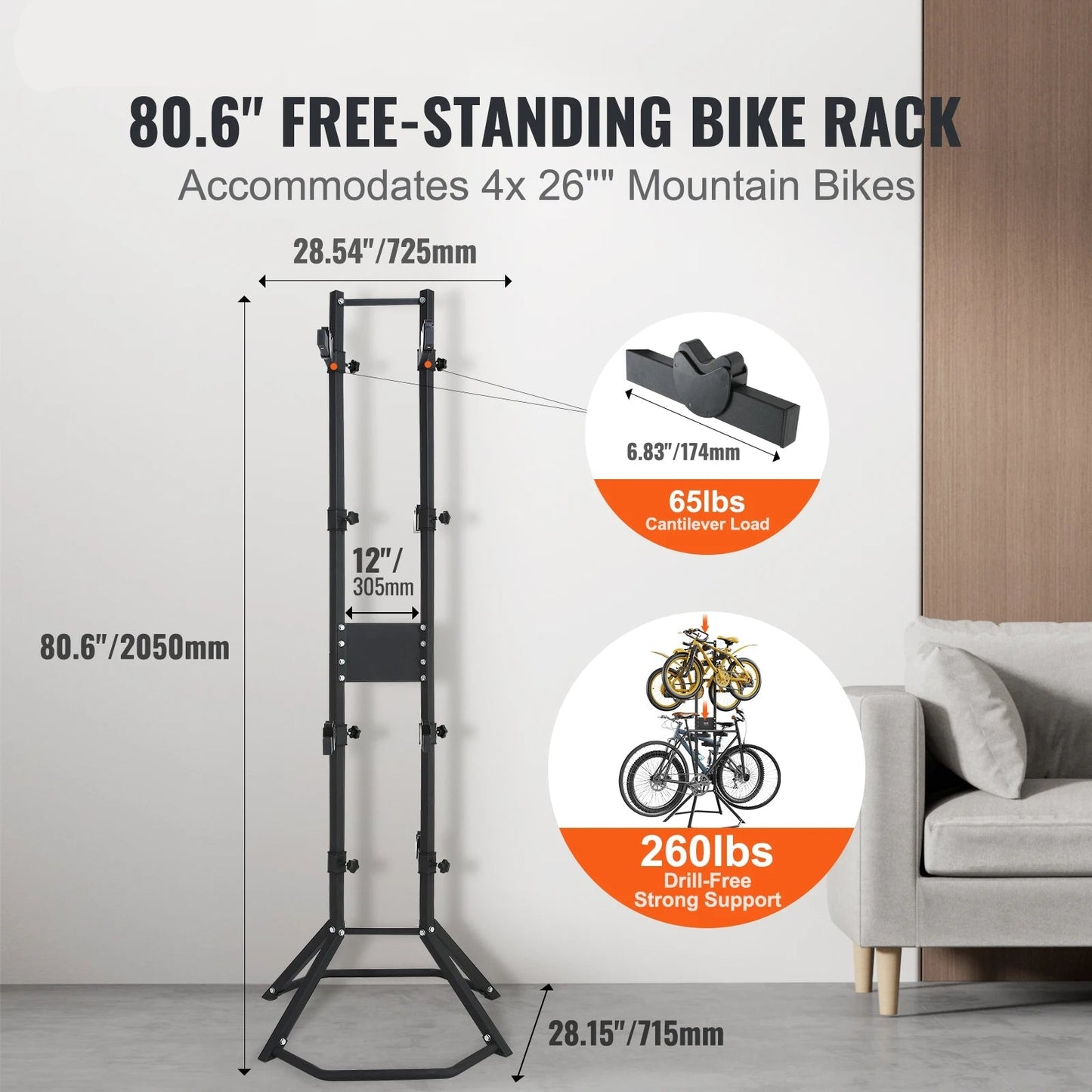 Fietsstandaard - Fiets Montagestandaard - Fietshouder - voor 4 Fietsen - Volledig Instelbare - Wandhouder - Ideaal voor MTB - Hybride Fietsen - Verticale Fietsstandaard - Houdt tot 117 kg - Zwart
