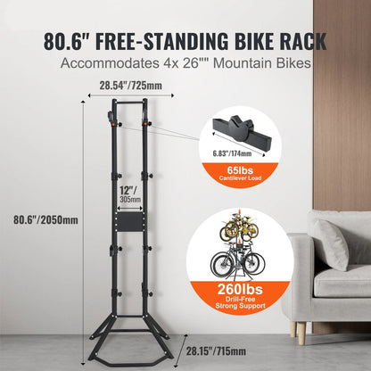 Fietsstandaard - Fiets Montagestandaard - Fietshouder - voor 4 Fietsen - Volledig Instelbare - Wandhouder - Ideaal voor MTB - Hybride Fietsen - Verticale Fietsstandaard - Houdt tot 117 kg - Zwart