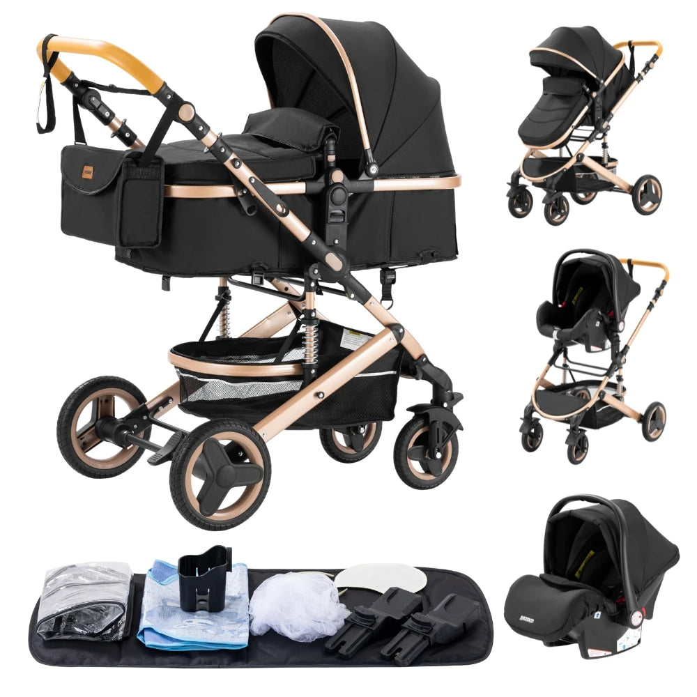 Kinderwagen - Kinderwagen 3 in 1 - Stroller - Opklapbare Wandelwagen - Luxe Kinderwagen - 3-in-1 Luxe Kinderwagen – Draagbare Reiswieg, Inklapbaar, Aluminium Frame voor Pasgeborenen - 530 black 3in1