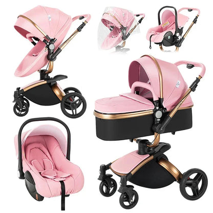 Kinderwagen - 3-in-1 Baby Stroller - Wandelwagen - Buggy - Opvouwbaar & Compact – Multifunctioneel – Inclusief Autostoel - PU Leren Bekleding - Roze