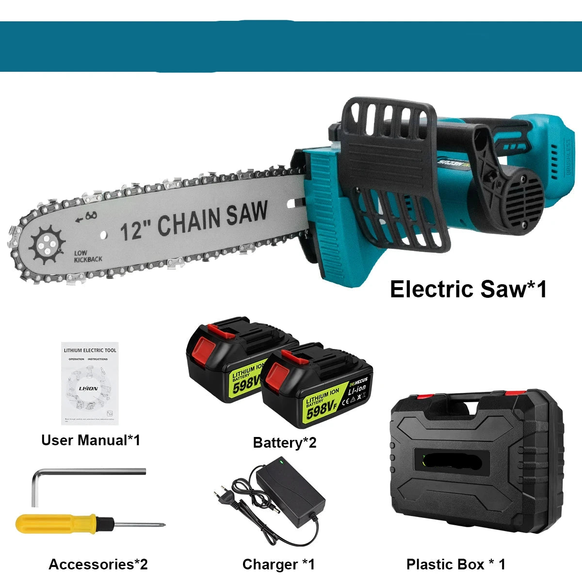 Kettingzaag - Takkenzaag - Handzaag - Snoeizaag - Draadloze - 12 Inch - 18V - 18000 RPM - Brushless - Boom- en Houtzagen - Tuin - 2 Accu