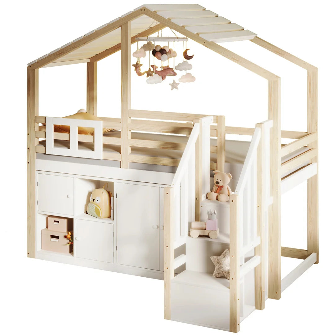 Hoogslaper – Kinderbed – Huisbed – Stapelbed – Hochslaper Kind – Massief Houten Frame – Slimme Opbergruimte Met Kast En Trap