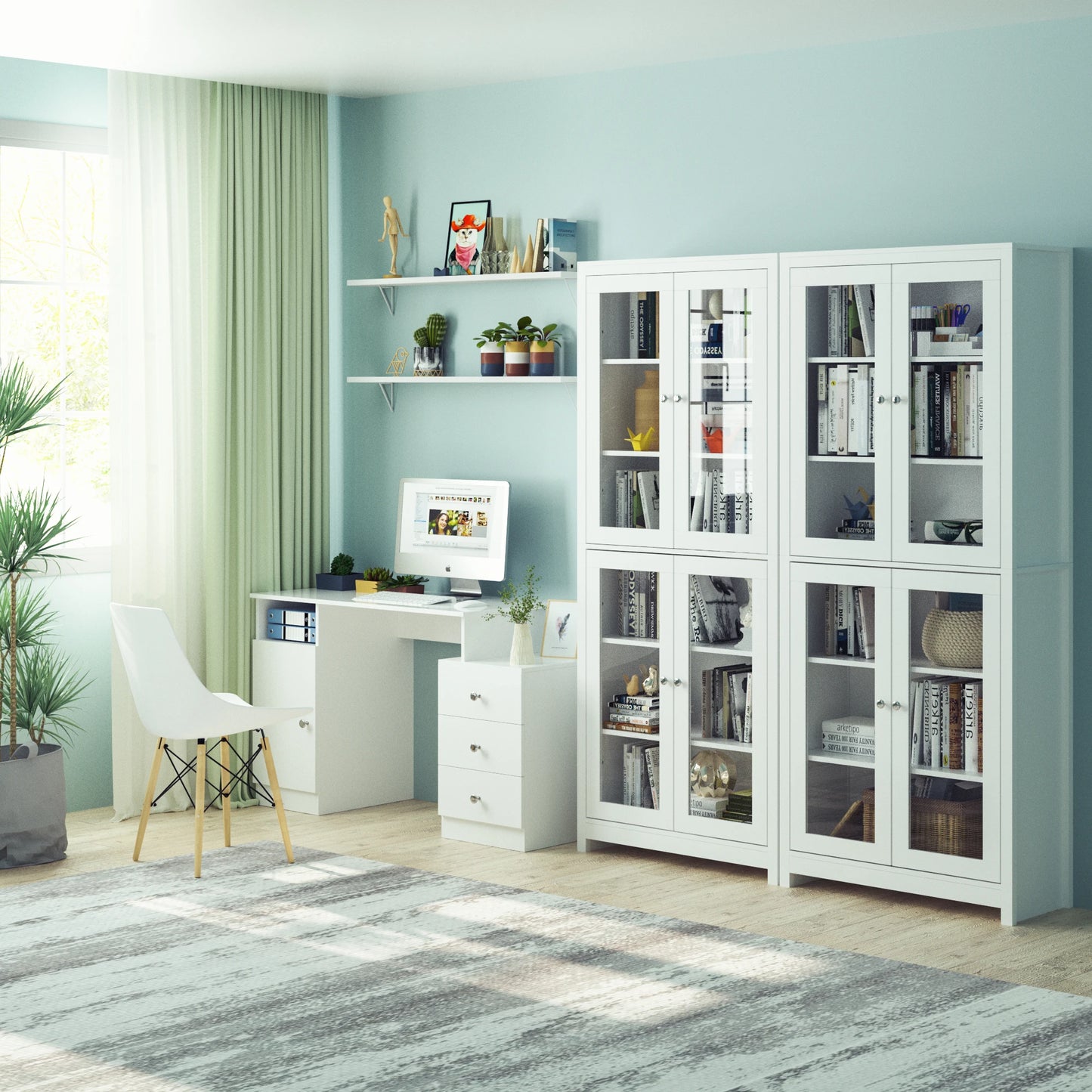 Vitrinekast – Vitrinekast Met Deuren – Displaykast – Boekenkast – Keukenkast – 4 Glazen Deuren – Strak Mat Wit – 190x80x33 cm Hoog