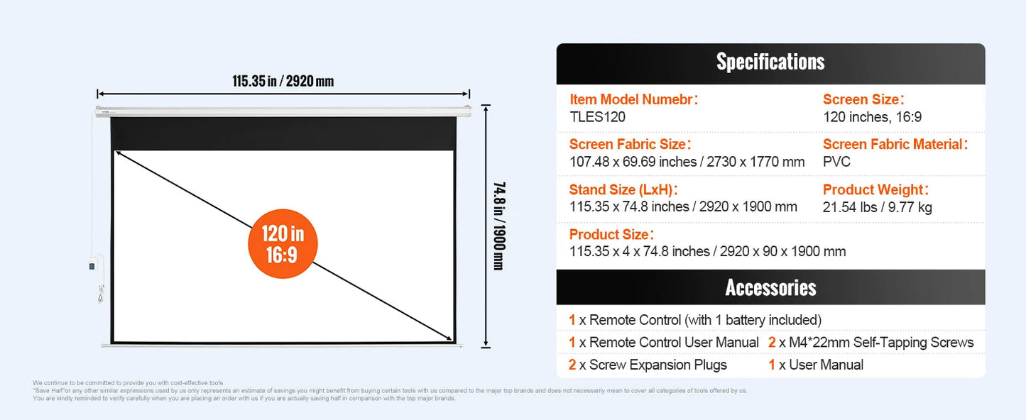 Projectiescherm - Beamer Scherm - Elektrisch Gemotoriseerd Projectieschermen - 120" - 16:9 HD 4K Bioscoopscherm - Home Cinema - voor Thuis, Kantoor & Theater