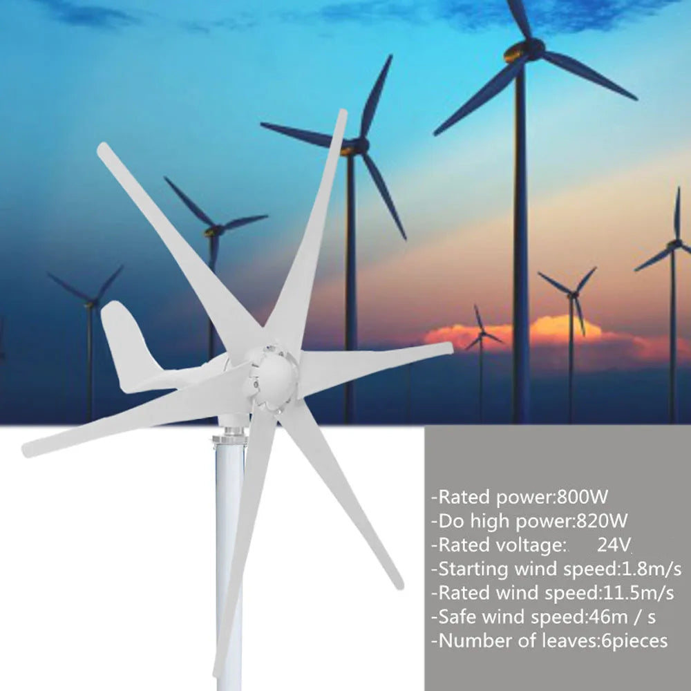 Windturbine - Windmolen Generator - Windturbine Generator - Windenergie - met 6 Blades - 800W - Laag Geluidsniveau - Voor Thuisgebruik - 24V - Wit