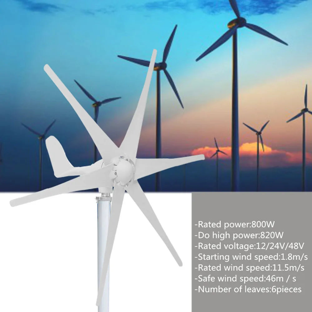 Windturbine - Windmolen Generator - Windturbine Generator - Windenergie - met 6 Blades - 800W - Laag Geluidsniveau - Voor Thuisgebruik - 48V - Wit - QUORE
