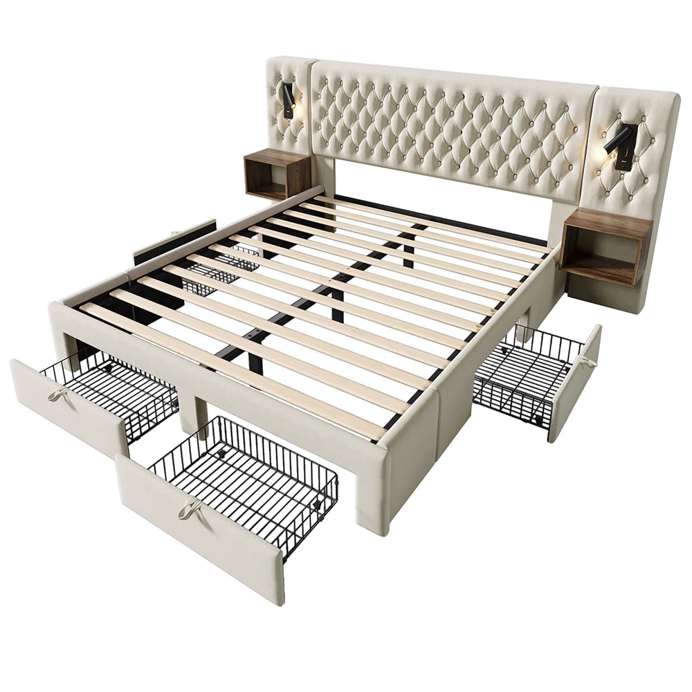 Gestoffeerd Bed – Tweepersoonsbed – Opbergbed – Bed met Nachtkastjes – Fluwelen Bed – 180x200 cm – Met Leeslampjes en USB Oplaadfunctie - QUORE