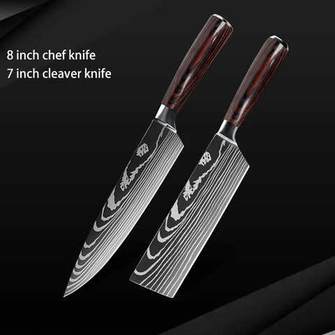 Keukenmessen - Knife set - Chef Knife - Knives - Kitchen Knife - Roestvrij staal met hoog koolstofgehalte - Damascus-tekening - Hakmesset - Santoku-koksmes - 10stuks