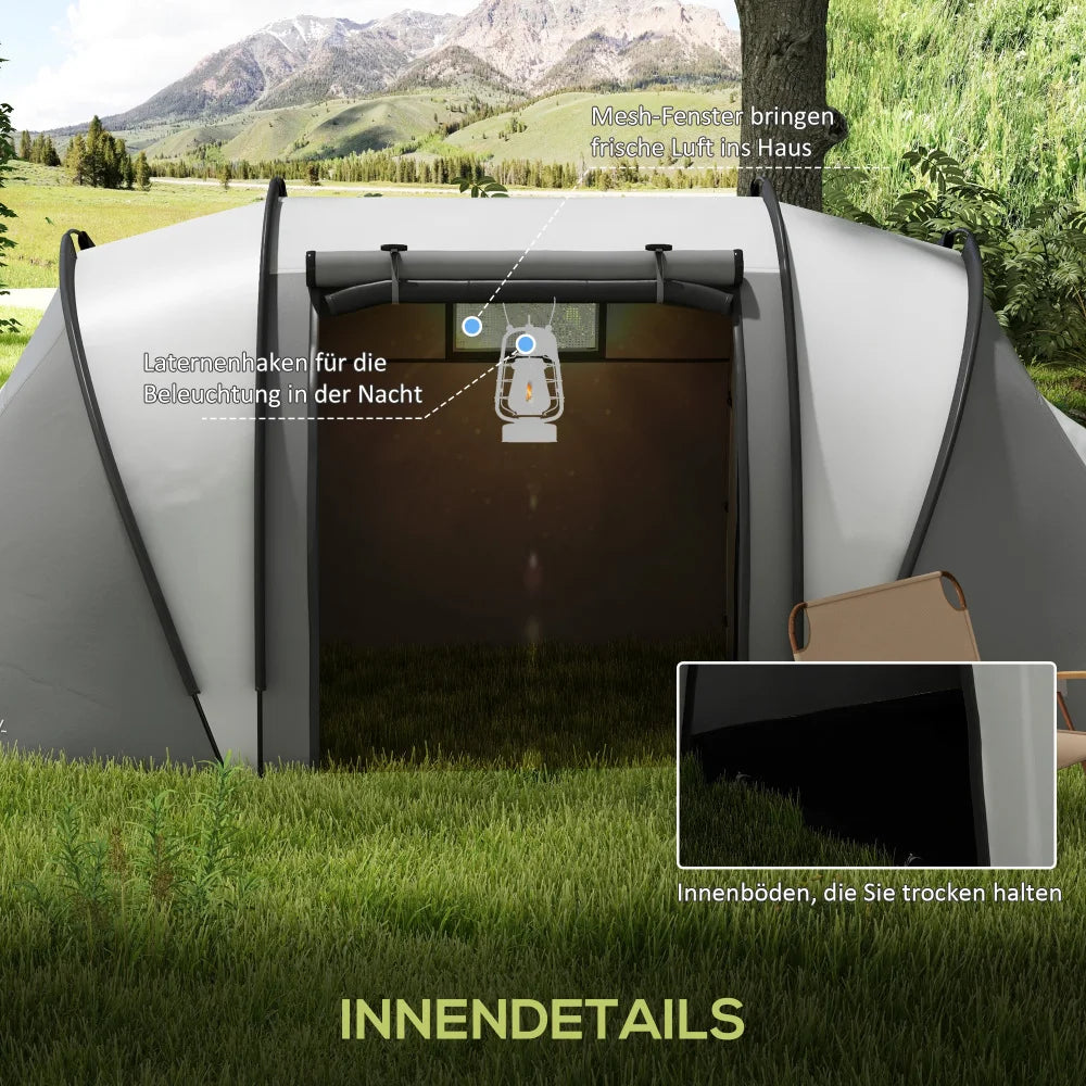 Tent – Familietent – Kampeertent – Tunnelvormige Tent – 4-5 Personen – Waterdicht 3000 Mm – Twee Aparte Slaapcabines - 450 x 220 x 180 cm - Donkergrijs