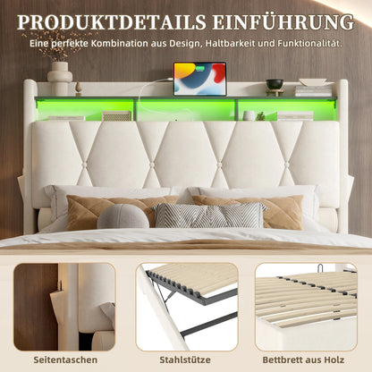 Bedframe 160x200 cm – Fluwelen Bed – Slaapkamerbed – Opbergbed – LED Bedframe – Ivoor – Verstelbaar Hoofdeinde Met LED – Extra Opbergruimte Met USB-Aansluiting