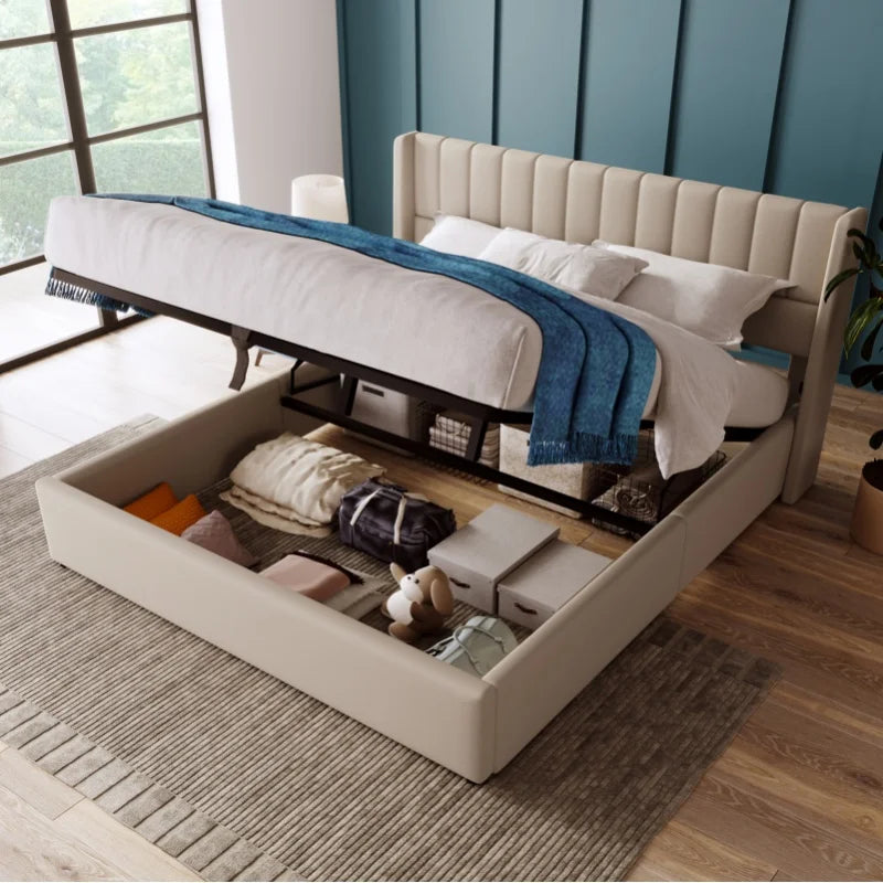 Bed Met Opbergruimte – Bedframe – Slaapbed – Opbergbed – Beige – Massief Hout – 140x200 Cm Matras