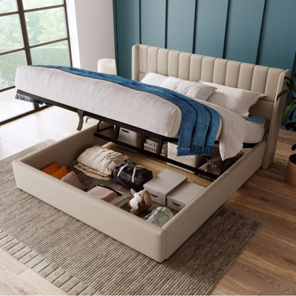 Bed Met Opbergruimte – Bedframe – Slaapbed – Opbergbed – Beige – Massief Hout – 140x200 Cm Matras