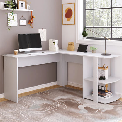 Hoekbureau - Bureau - Game Bureau - Moderne L-vormige Computertafel - Gaming Bureau - Desk met 2 Planken – Wit Frame/Zwart