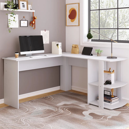 Hoekbureau - Bureau - Game Bureau - Moderne L-vormige Computertafel - Gaming Bureau - Desk met 2 Planken – Wit Frame/Zwart