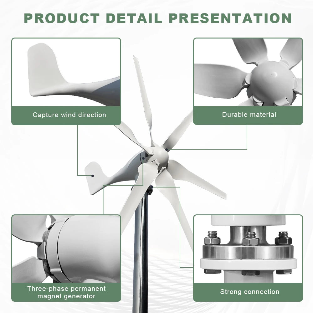 Windturbine – Duurzame Energie – Windgenerator – 6-Bladig – 1000W Vermogen – Glasvezel Basalt Bladen - 12V - Met MPPT-controller
