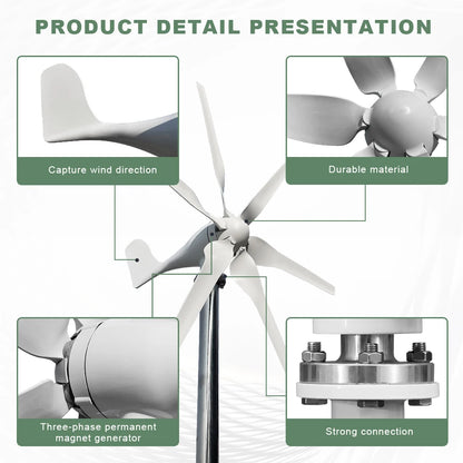 Windturbine – Duurzame Energie – Windgenerator – 6-Bladig – 1000W Vermogen – Glasvezel Basalt Bladen - 24V - Met Hybride Besturing