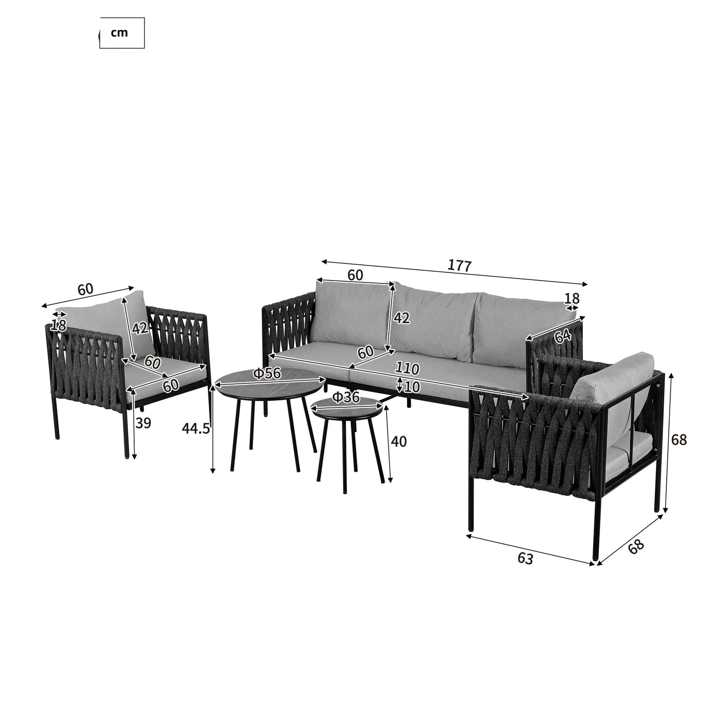 Tuinmeubelset – Tuinset – Buitenmeubels – Loungeset – Zithoek – Handgeweven Rope – Weerbestendig Stalen Frame - Lichtgrijs