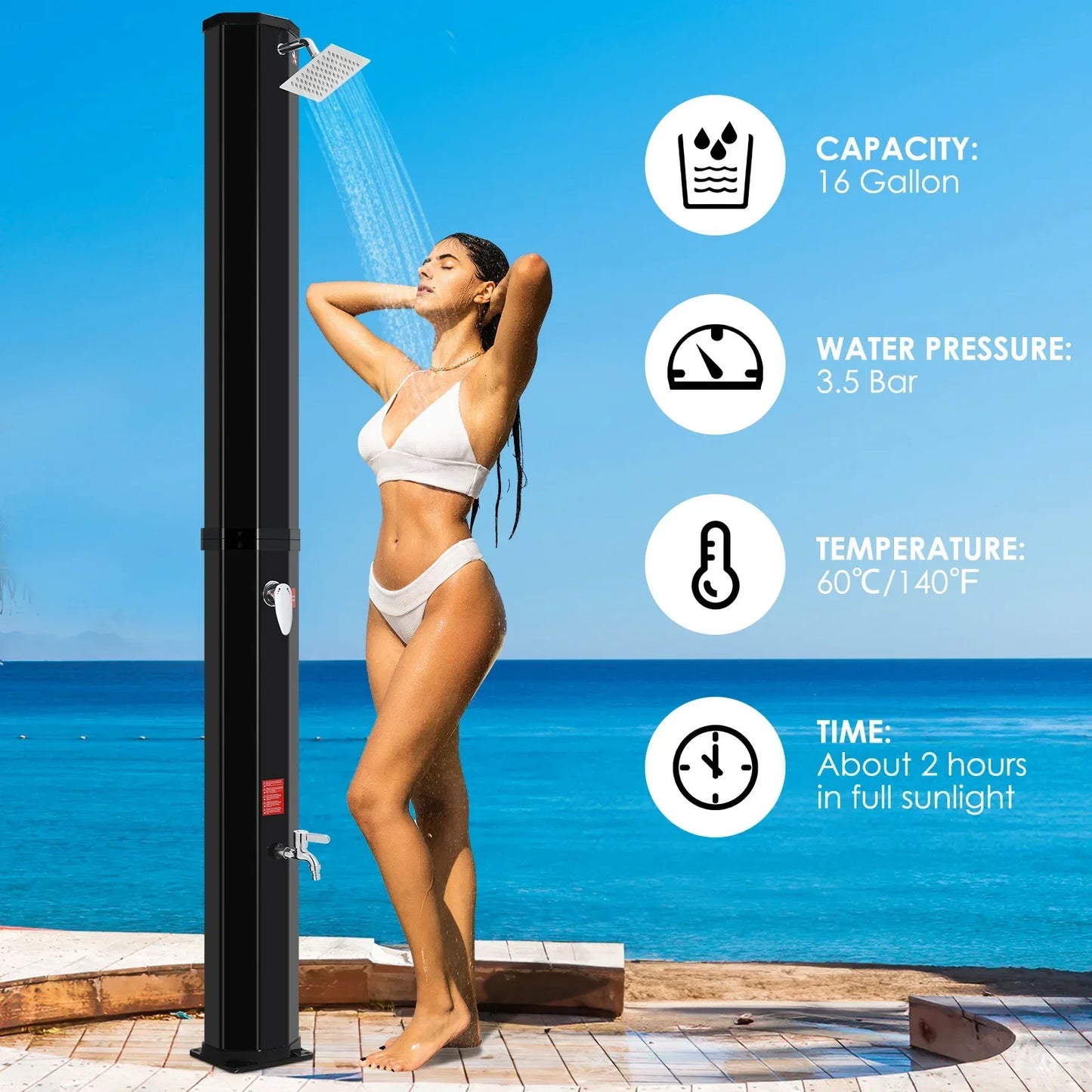 Buitendouche - Solar Buitendouche - 60L - Tuindouche - Buitendouche Zonneenergie - Vrijstaande 360° Douchekop met Voetkraan, Temperatuurregeling tot 60°C - Zwart - QUORE