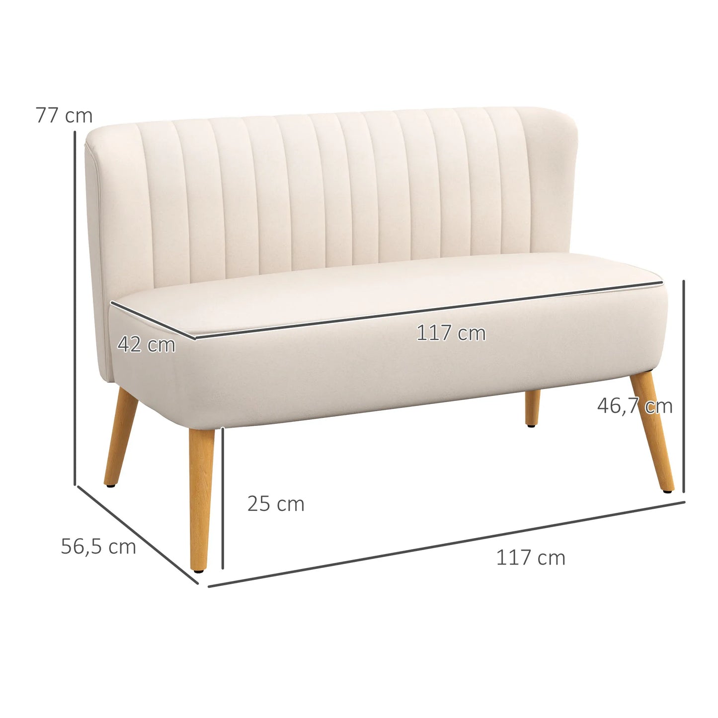 Twee-zitsbank – 2-zitsbank – Loveseat – Zitbank – Bankstel – Scandinavisch Design – Velvet Stof – 117 cm Breed – Comfortabele Zitting - Wit
