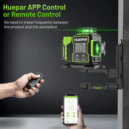 Huepar W03CG Laser Level 3x360 Self Leveling, 3D 12 Lines Bluetoothed Laser Level with Electric Rotating Base ＆ Large LCD Screen
