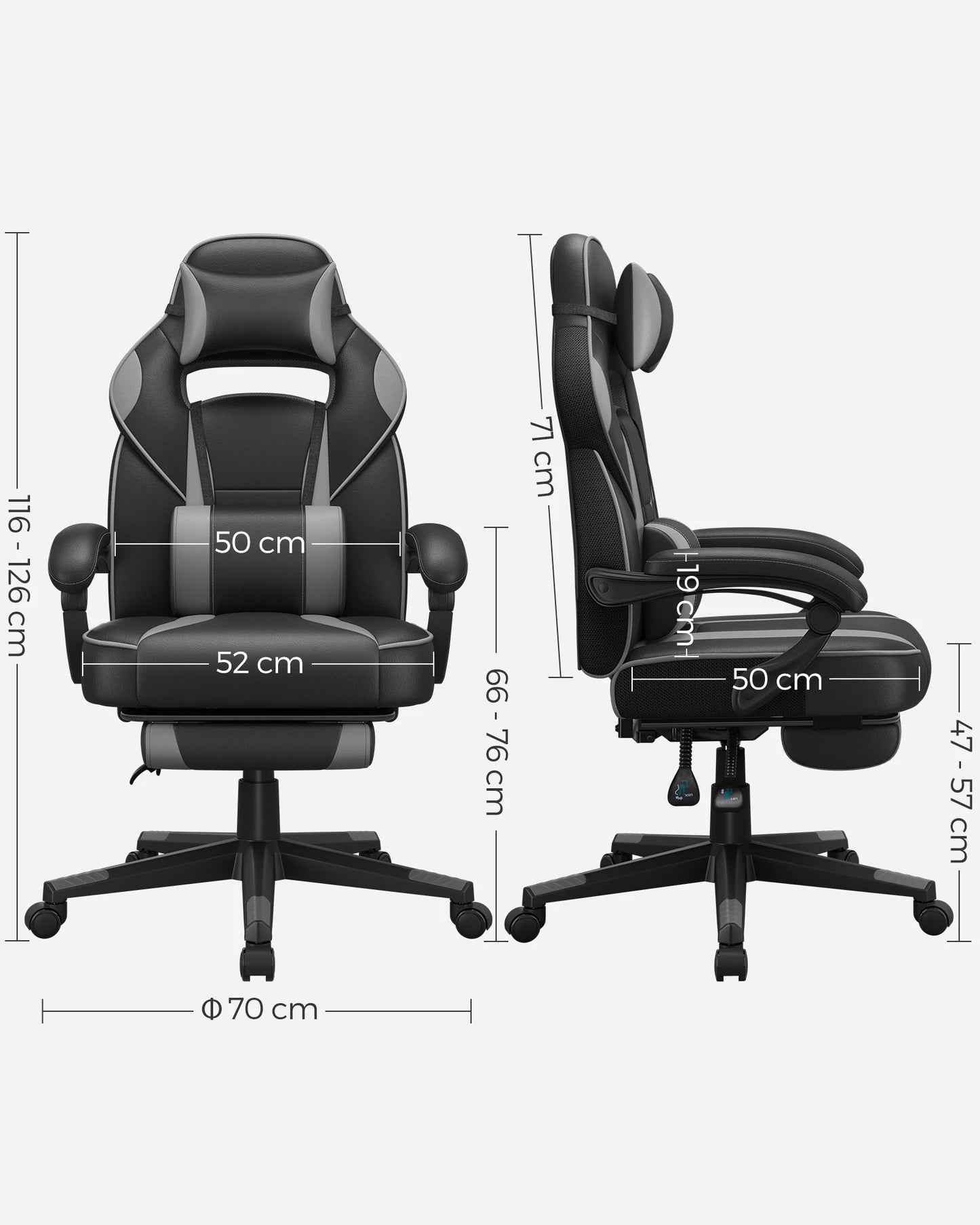 Gaming Stoel - Bureaustoel - Swivel Stoel - met Voetsteun - Hoofdsteun - Verstelbare - Rugleuning - Lendenkussen - Ergonomische - Draaibare - 67 x 66 x 116-126 cm - Zwart/Grijs