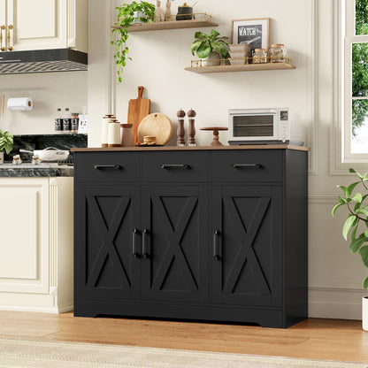 Zijboard – Dressoir – Buffetkast – Keukenkast – Opbergkast – Mat Zwart – 3 Lades en 3 Deuren – Ruim Werkblad 108x38,5 cm - QUORE