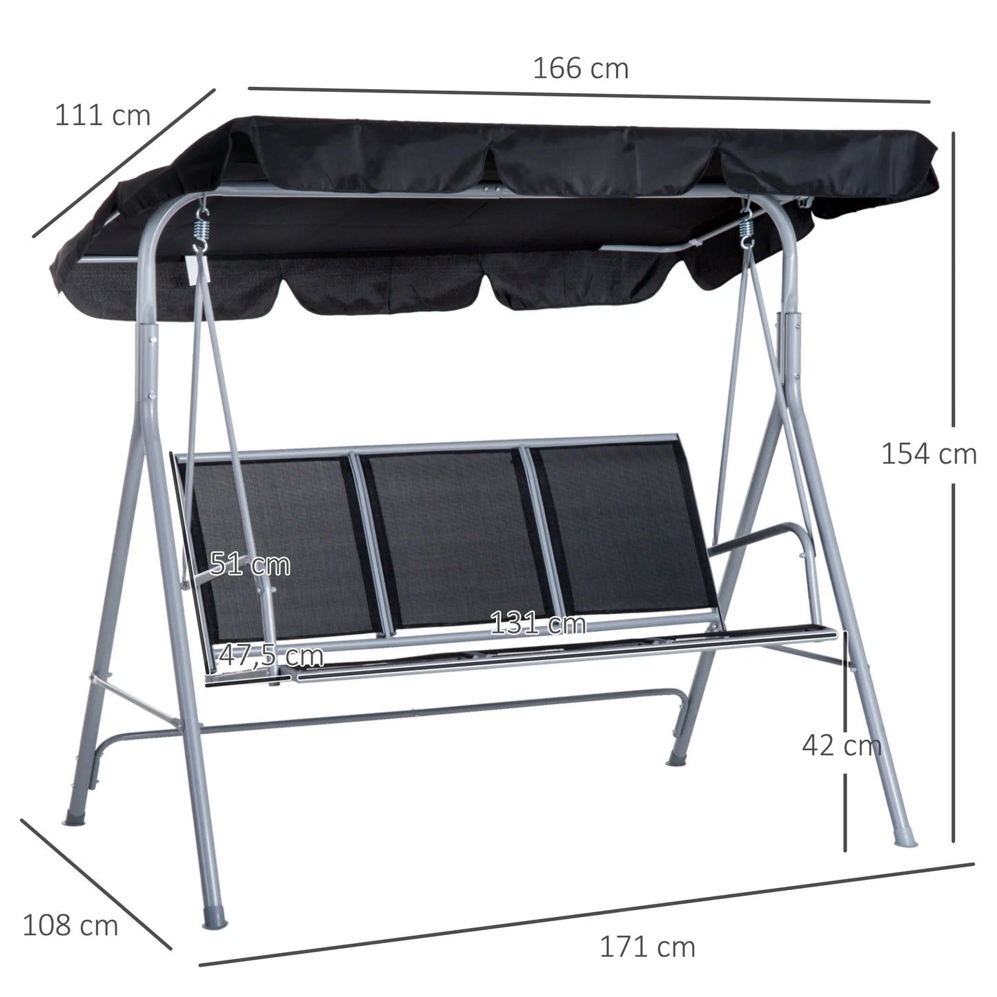 Tuinschommel - Schommelbank - Hangbank - 3 Persoons - Verstelbare Rugleuning - en Zonnescherm - 240kg Draagkracht - Ademend Textilene - Weerbestendig - Metalen Frame - Outdoor - 171x108x154 cm - voor Balkon - Tuin of Terras - Zwart