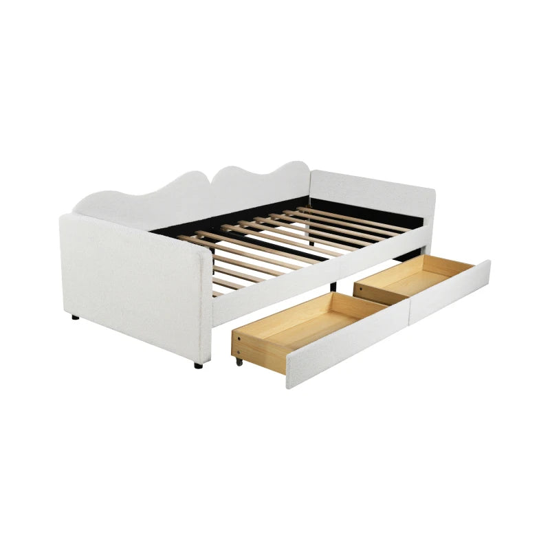 Kinderbed - Slaapbank met 2-laden - Teddybeerbedframe - Multifunctioneel Zacht -  Bed Met Rugleuning en Armleuningen -  90*200 cm -Wi t- (Ween matras)