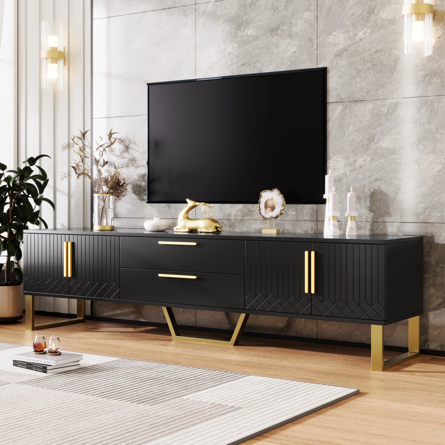 Tv-Meubel – Hoogglans Meubel – TV Kast – Woonkamermeubel – Gouden Accenten – 170 Cm Breed – MDF Materialen - Zwart