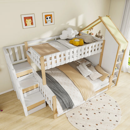 Hoogslaper – Stapelbed – Kinderbed – Mezzaninebed – Zolderbed – Tweepersoonsbed 90x200 & 140x200 cm – Massief Houten Frame – Met Ladder & 2 Opberglades – Zonder Matras