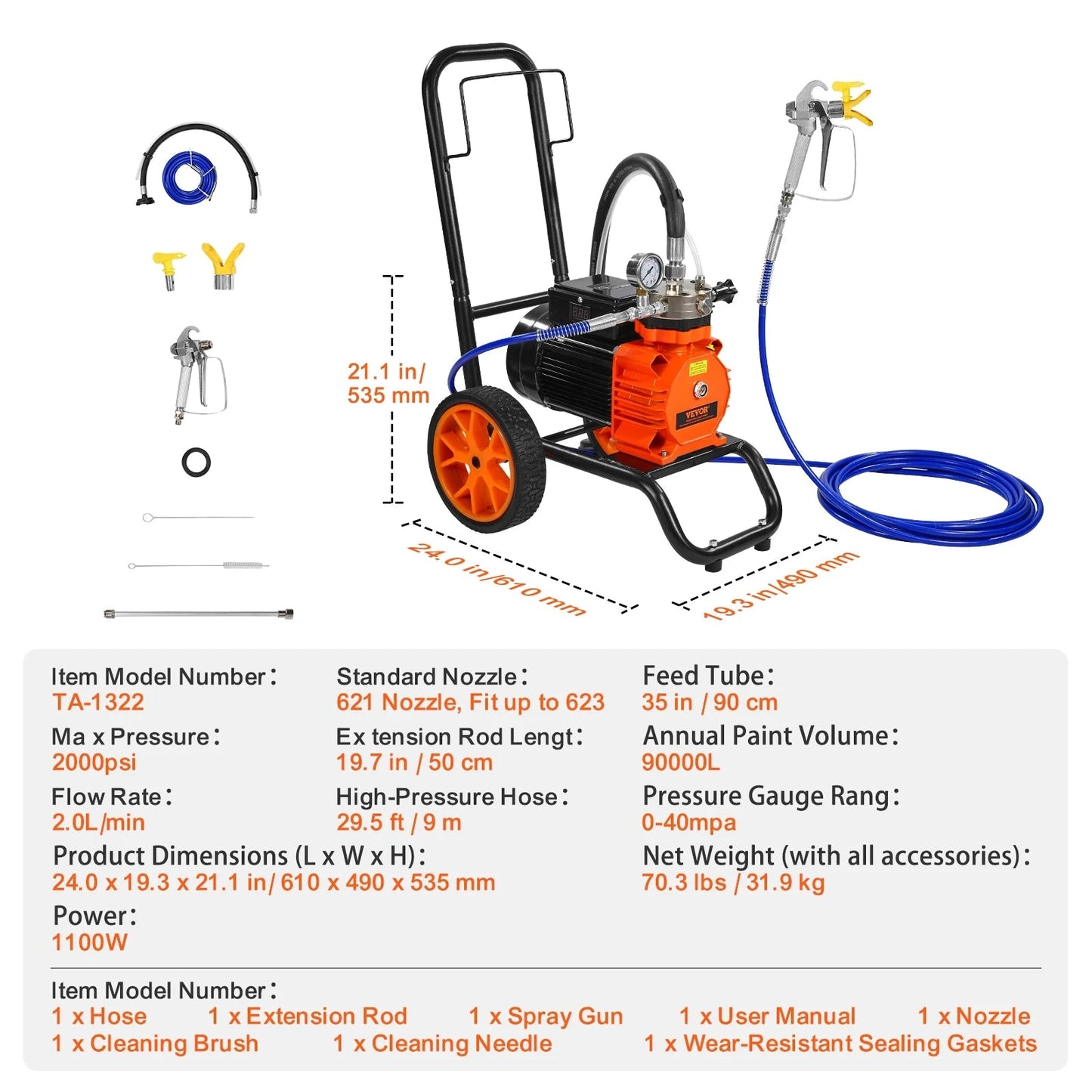 Airless Verfspuit - Verfspuitmachine - Verfspuiten Electrisch - 1100W - 2000 PSI - Diaphragm Spuitmachine - op Wielen - met Verlengstuk - en Reinigingsset - Verfspuit - voor Muren - Meubels - en Plafonds - QUORE
