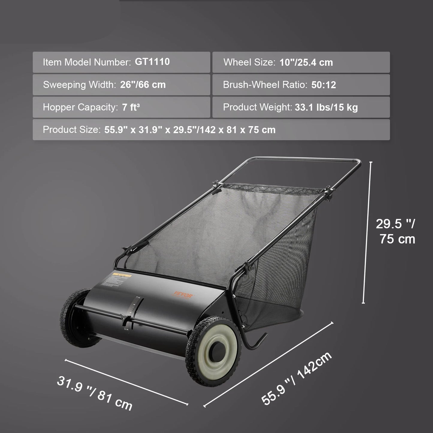 Tuinruimer – Bladverzamelaar – Handmatige - Gazonveger met Hopperzak - Heavy-duty – 26-inch - Grasverzamelaar - Zware Stalen Constructie - voor Tuinonderhoud