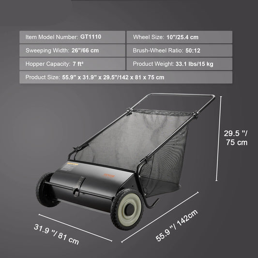 Tuinruimer – Bladverzamelaar – Handmatige - Gazonveger met Hopperzak - Heavy-duty – 26-inch - Grasverzamelaar - Zware Stalen Constructie - voor Tuinonderhoud